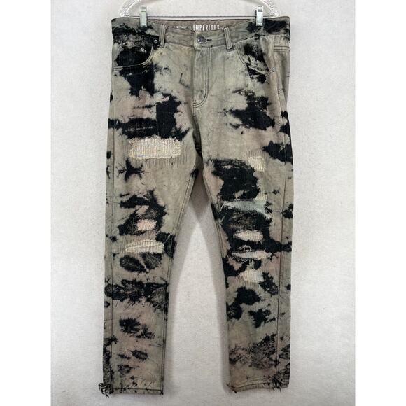 IMPERIOUS Jeans Mens 38x32 Slim Straight Fit Distressed Bleach Sew Patch Gray - Picture 1 of 16